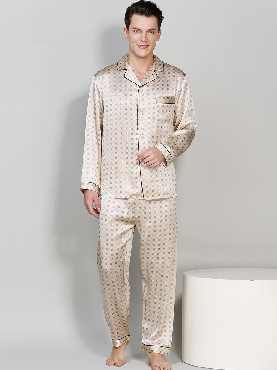 SilkSilky US Pure Silk Long Sleeve Lapel Men's Pajamas Champagne 001