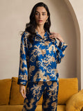 SilkSilky  Pure Silk Long Sleeve Lapel Women's Pajamas Blue 003