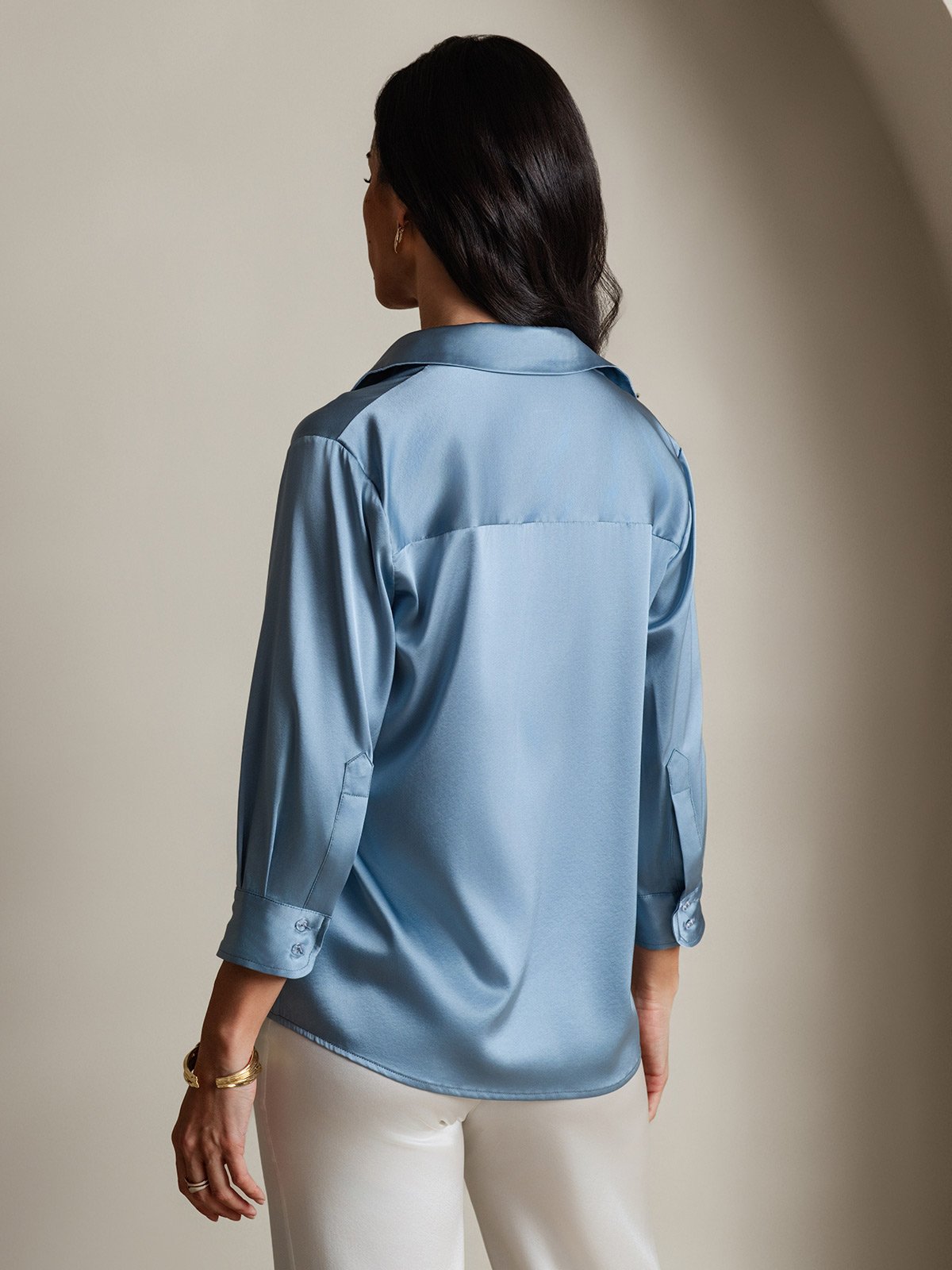 SilkSilky 19Momme Silk Long Sleeve Lapel Women's Shirt GrayishBlue 002