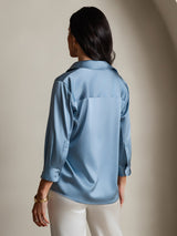 [Grayish Blue] SilkSilky  19Momme Stretch Silk Charmeuse 3/4 Sleeve Lapel Collar Women's Shirt 002