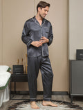 SilkSilky US 19Momme Pure Silk Long Sleeve Lapel Men's Pajamas DarkGray 004