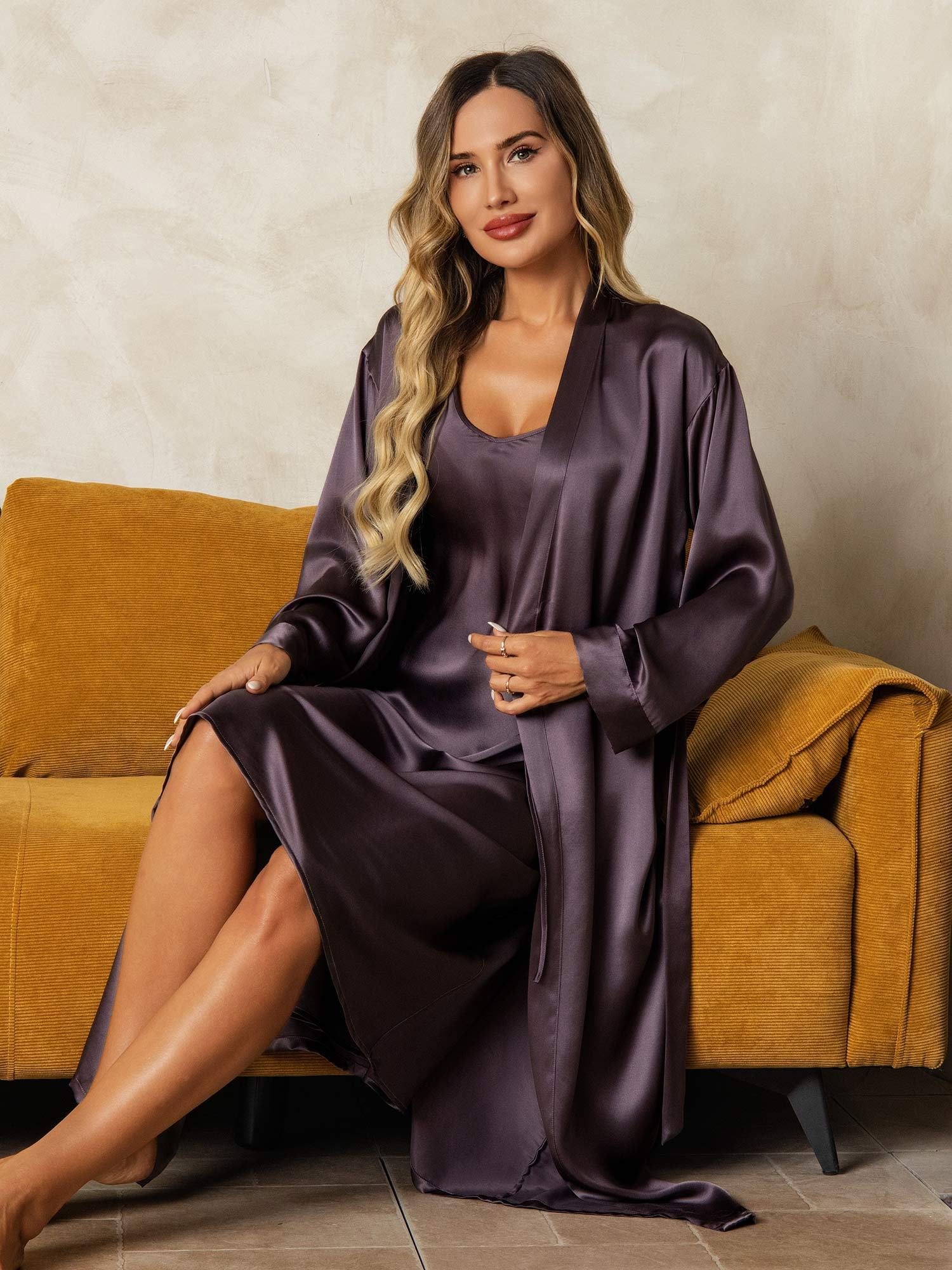 [PurpleGray] SilkSilky Pure Silk Wrap Nightgown&Robe Set 008