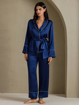 [Dark Blue] SilkSilky Long Sleeve Shawl Collar Women's Pajamas 005