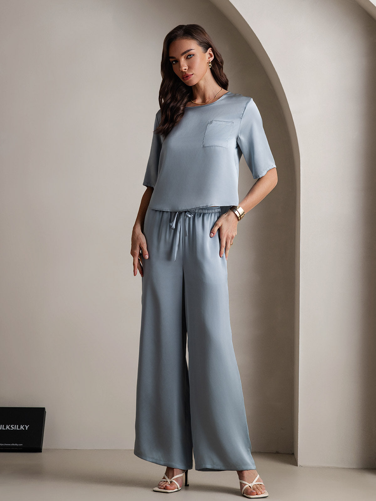 [Grayish Blue] SilkSilky  Pure Silk Round Neck Women's Pajamas 005