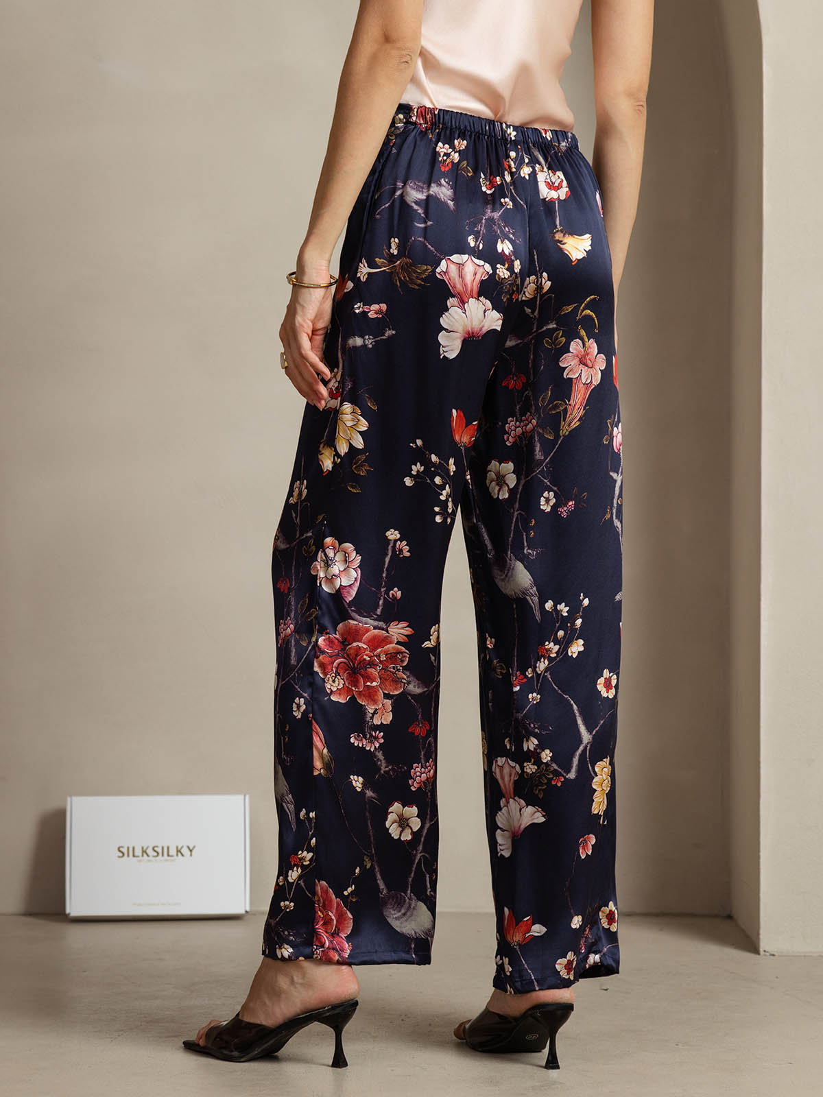 [Navy Floral] SilkSilky  19Momme Silk Womens Pants 002