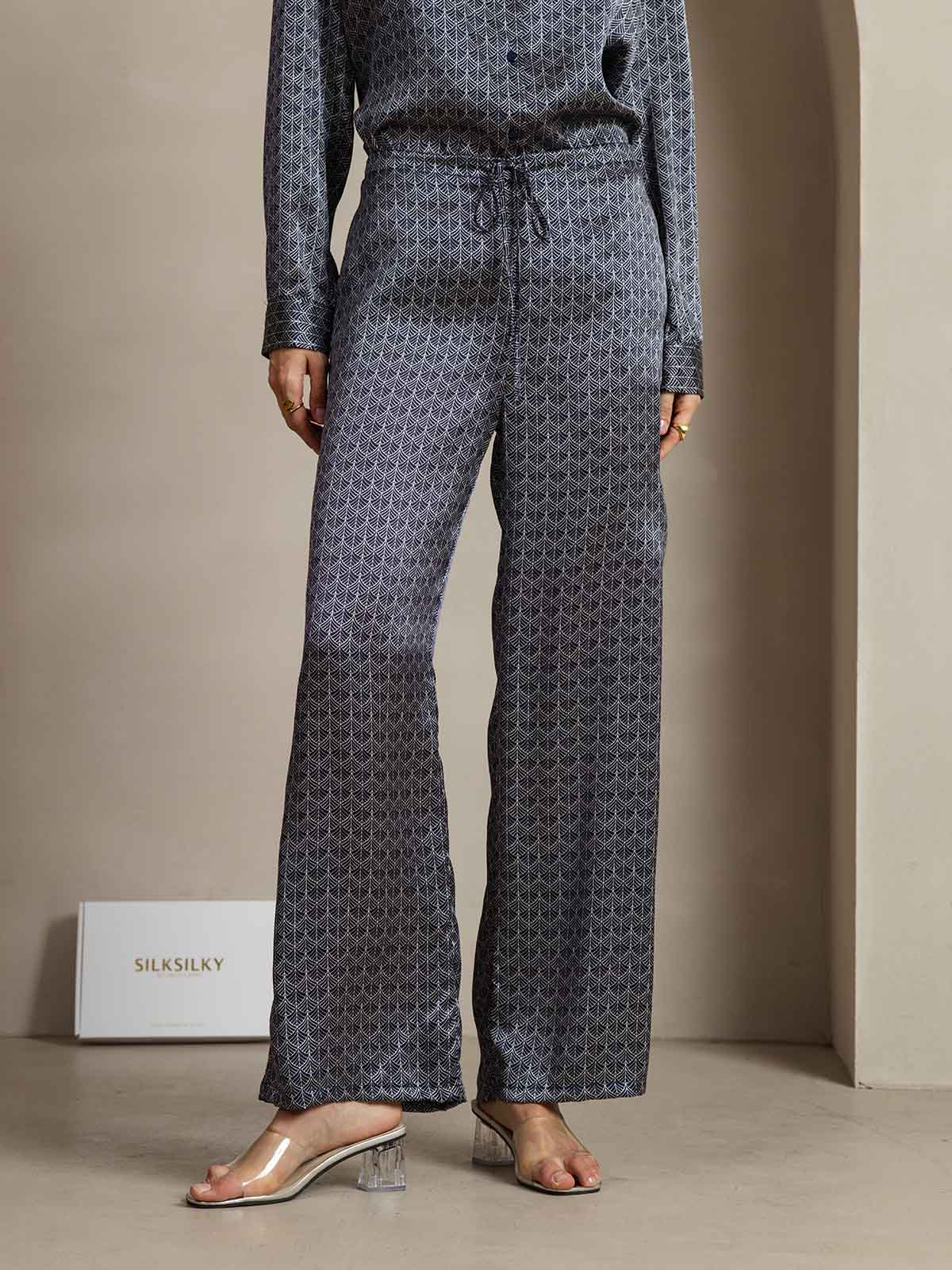 [Navy Ginkgo] SilkSilky  19Momme Silk Womens Pants 001