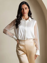 [White] SilkSilky  Long Sleeve Lapel Collar Women's Shirt 003