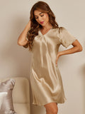 SilkSilky US Pure Silk Short Sleeve V Neck Nightgown Champagne 004