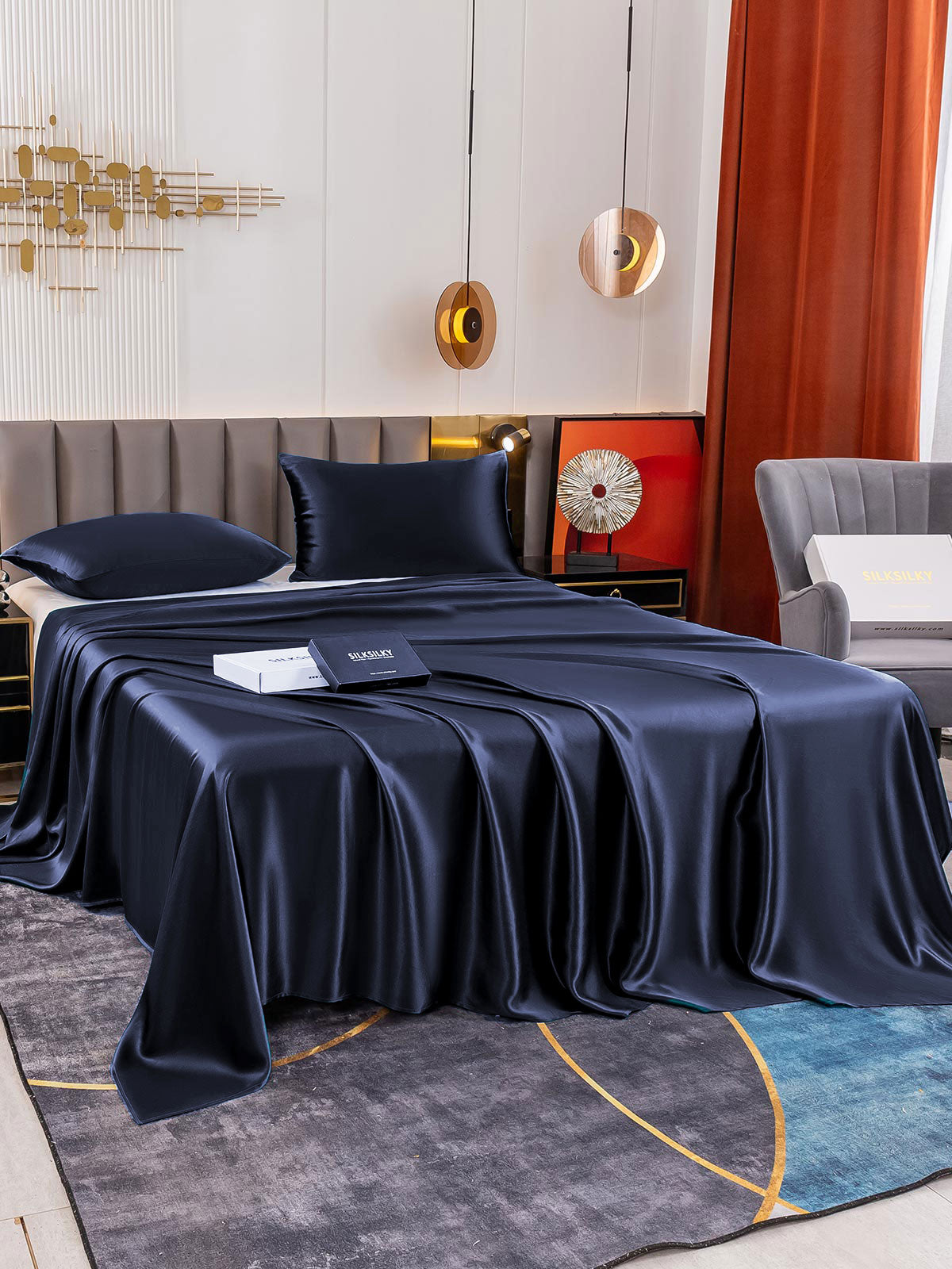 SilkSilky US 19Momme Pure Silk Bedding Set DarkBlue 003