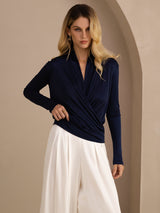 [Dark Blue] SilkSilky  Long Sleeve Wrap Women's Blouse 004
