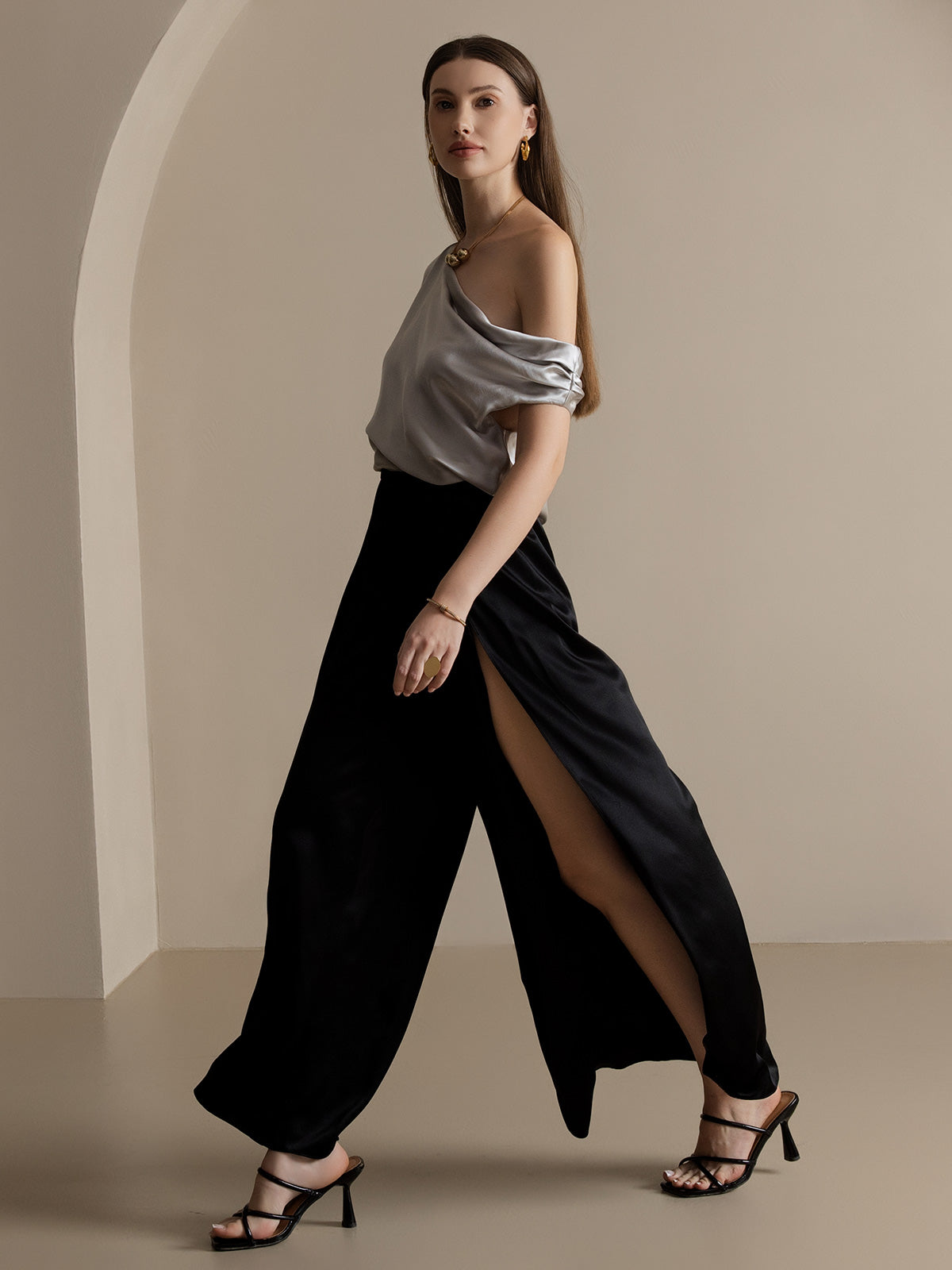 [Black] SilkSilky  19Momme Silk Split Women's Pants 008