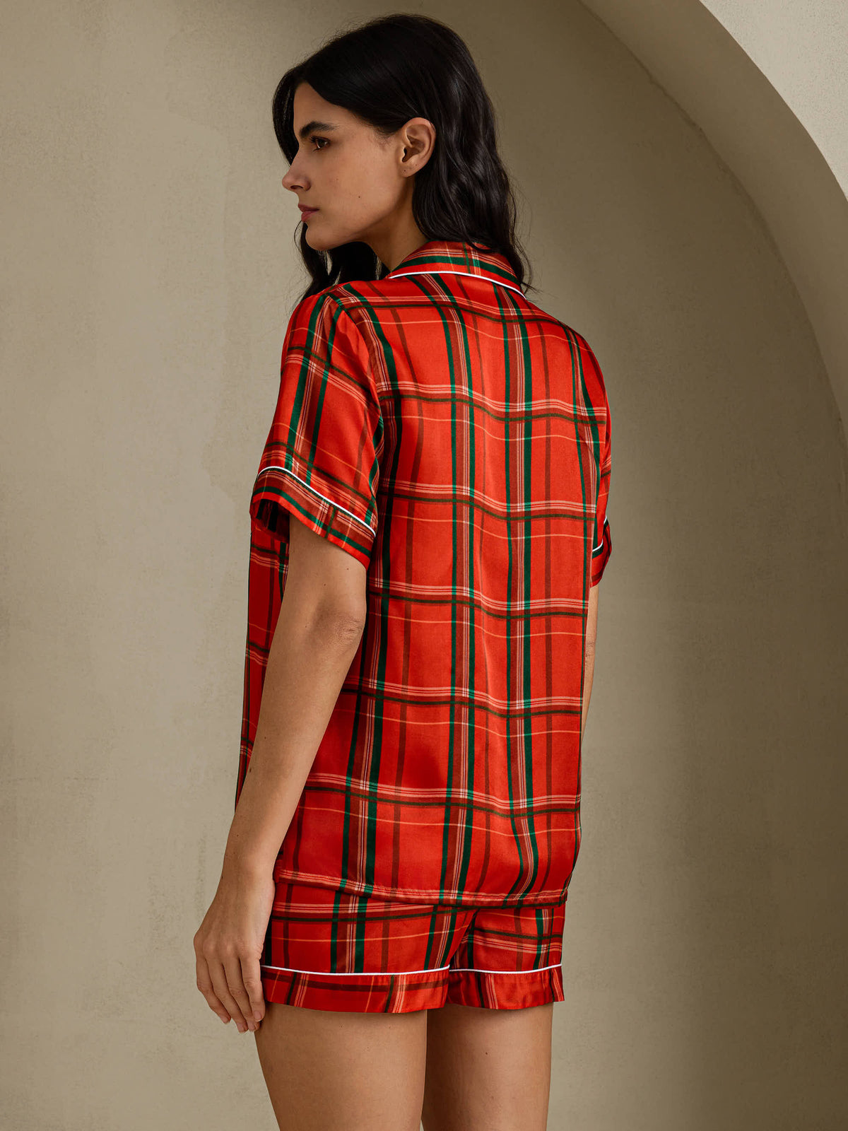 [Red Plaid] SilkSilky Short Sleeve Notch Collar Women's Pajamas 002