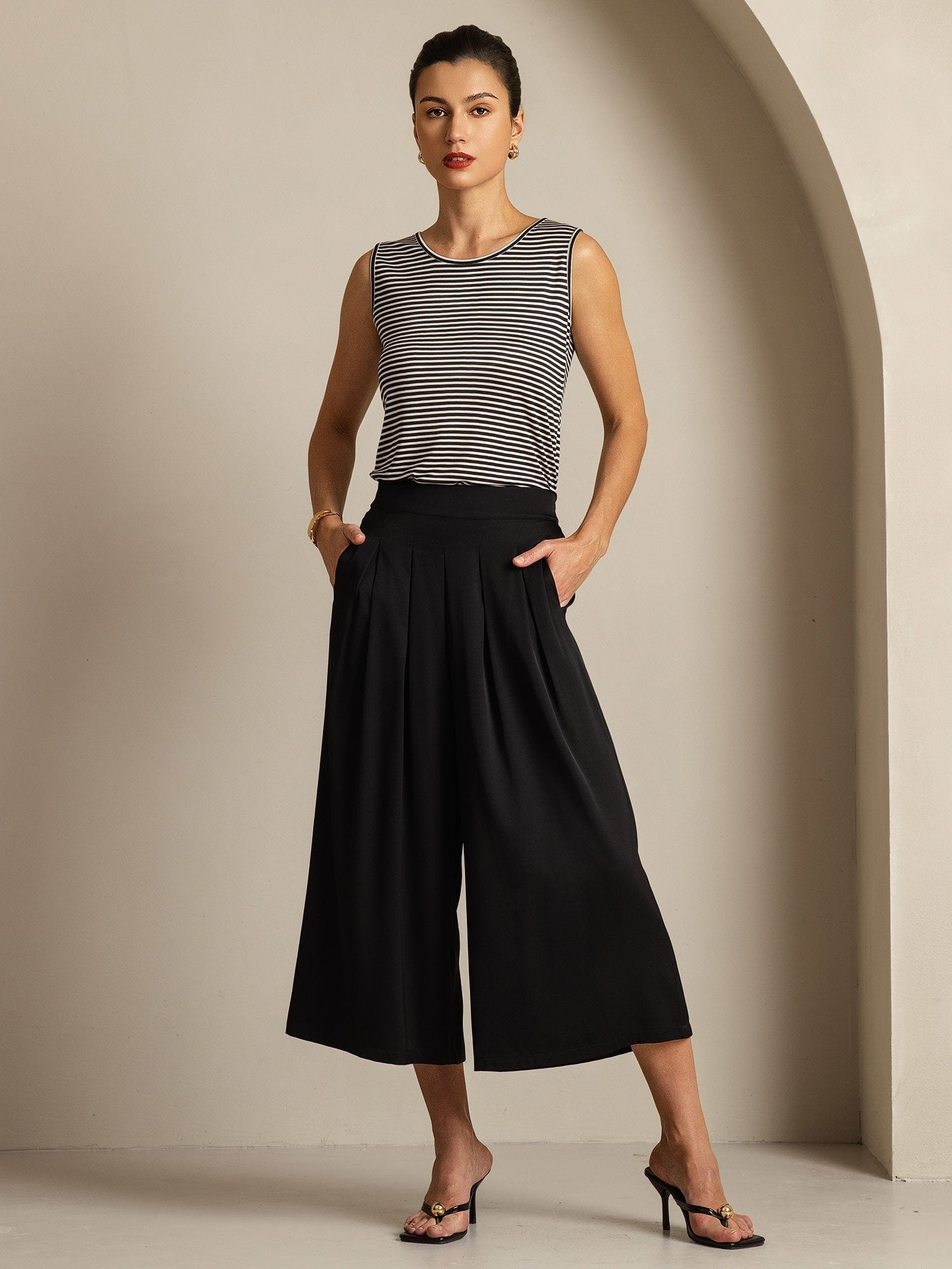 [White Stripe] SilkSilky  Silk Sleeveless Round Neck Camisole Top 008