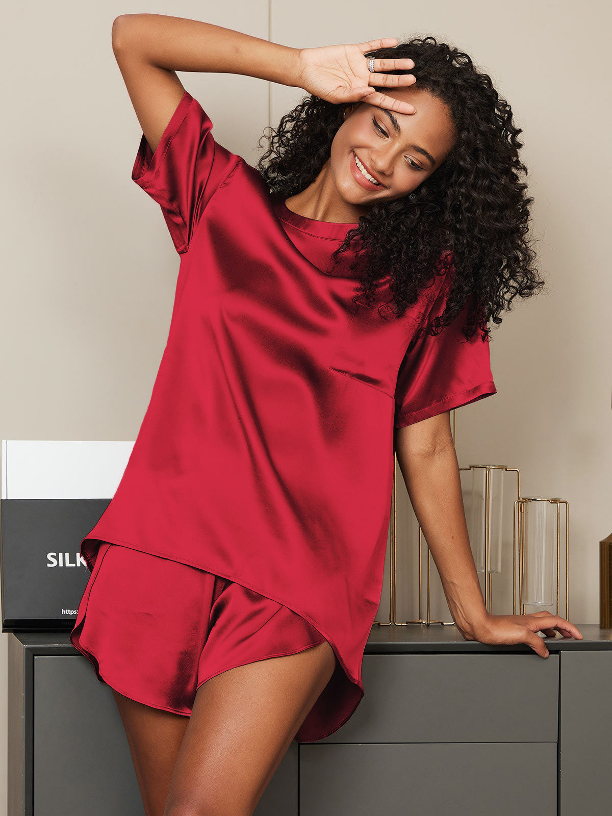 [Wine] SilkSilky  Pure Silk Round Neck Women's Pajamas 001