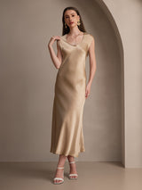 [Champagne] SilkSilky  19Momme Stretch Silk Charmeuse Cap Sleeve Scoop Neck Dress 003