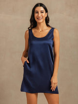 [Dark Blue] SilkSilky  19Momme Machine-Washable Silk Sleeveless Scoop Neck Nightgown 003