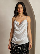 [Silver] SilkSilky  19Momme Stretch Silk Charmeuse Spaghetti Strap Cowl Neck Camisole Top 001