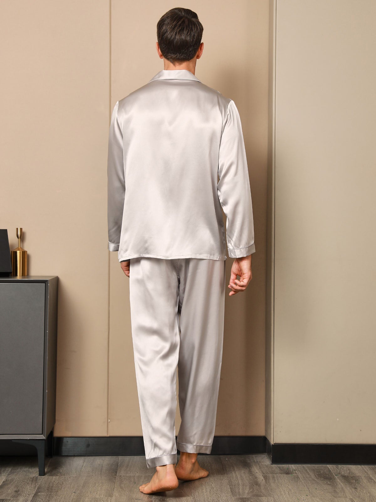 SilkSilky US 19Momme Pure Silk Long Sleeve Lapel Men's Pajamas Gray 006