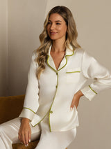 [White] SilkSilky  Long Sleeve Notch Collar Women's Pajamas 001