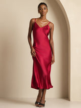 [Wine] SilkSilky Spaghetti Strap V Neck Dress 003