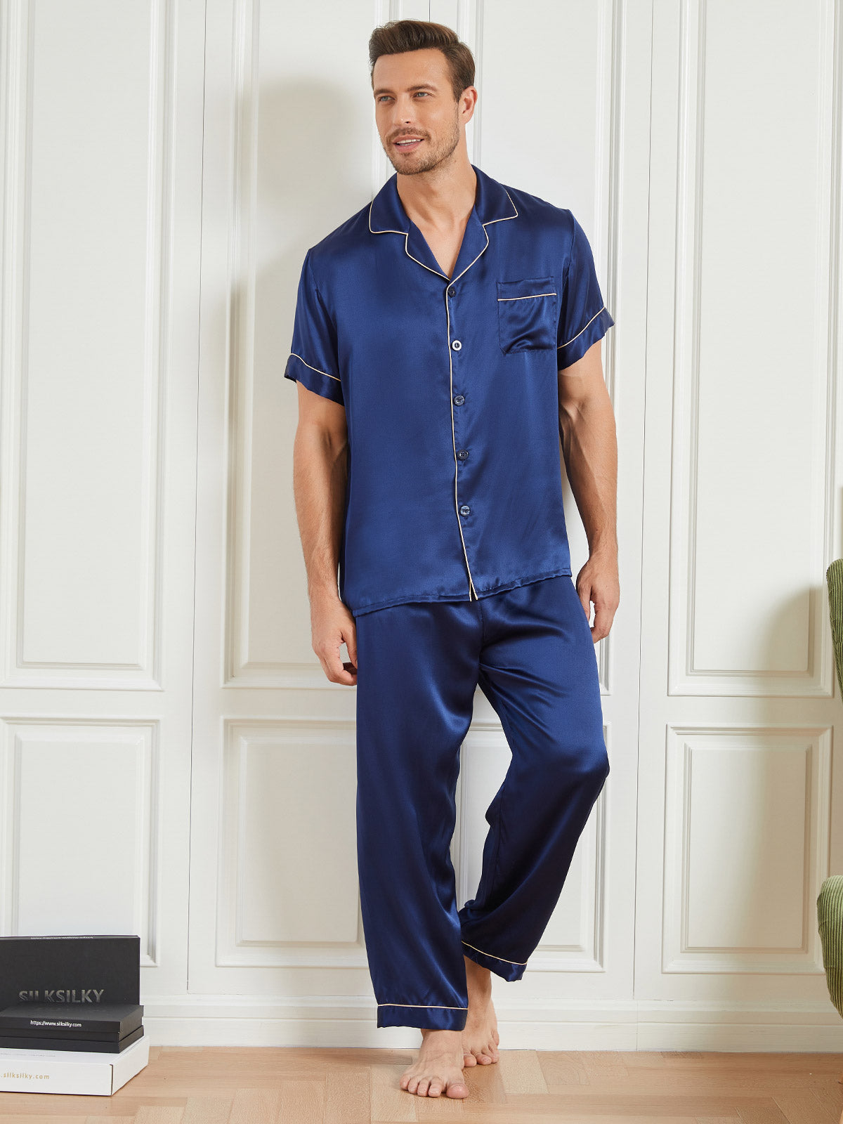 [Dark Blue] SilkSilky  19Momme Short Sleeve Men's Pajamas 004