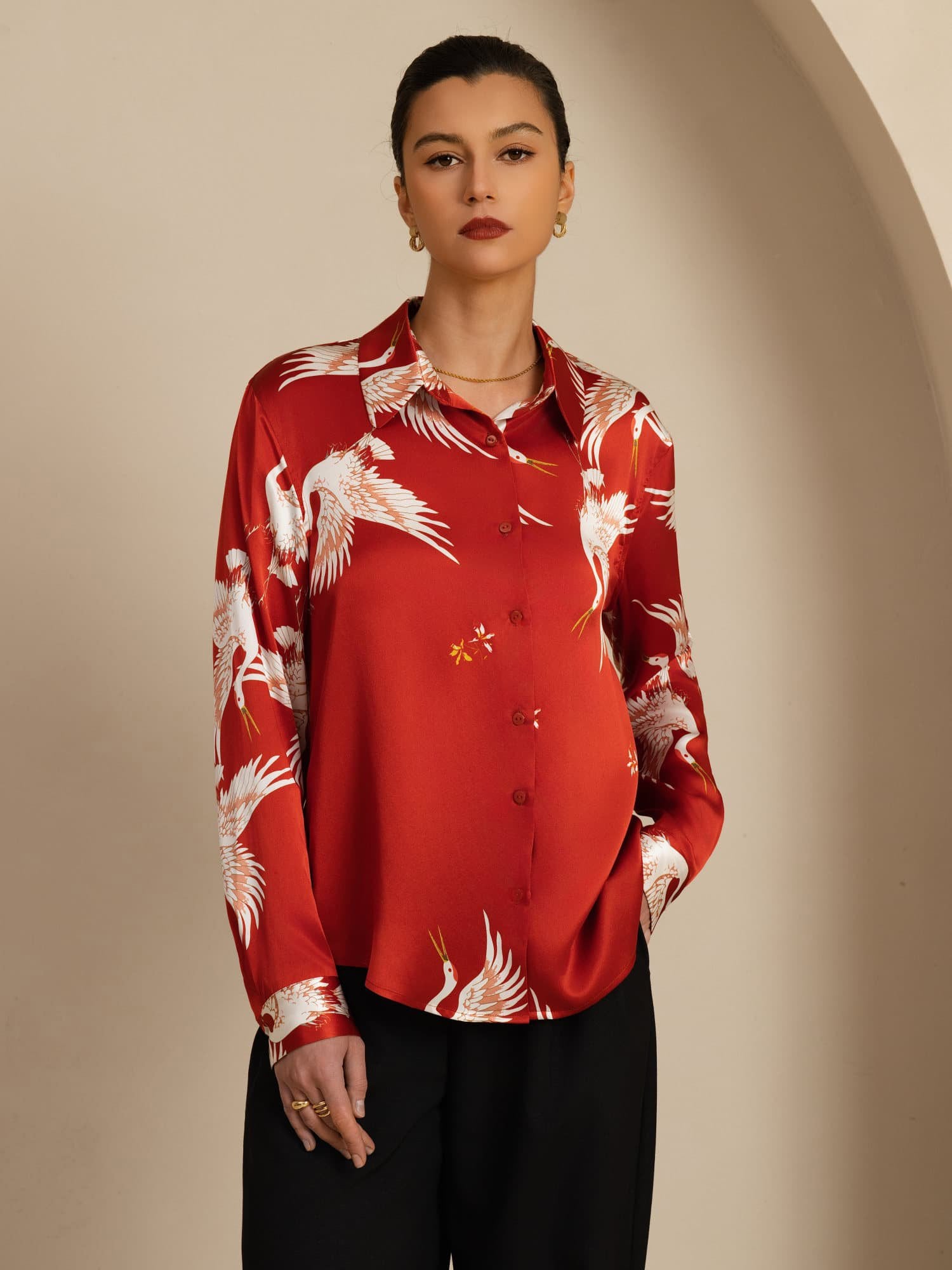 [Wine] SilkSilky  19Momme Long Sleeve Lapel Collar Women's Shirt 003