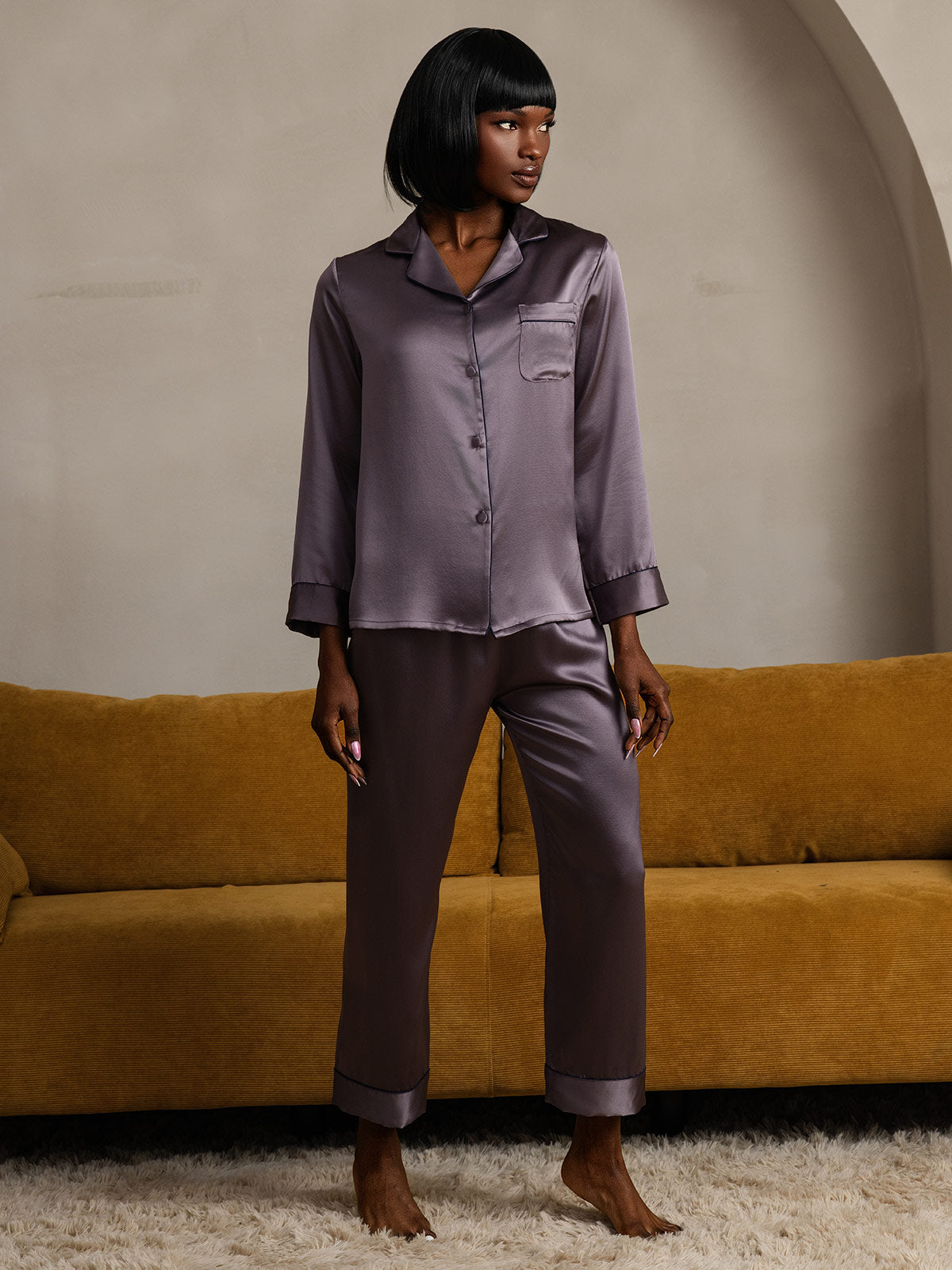 [Purple Gray] SilkSilky  22Momme Pure Silk Womens Pajamas 005