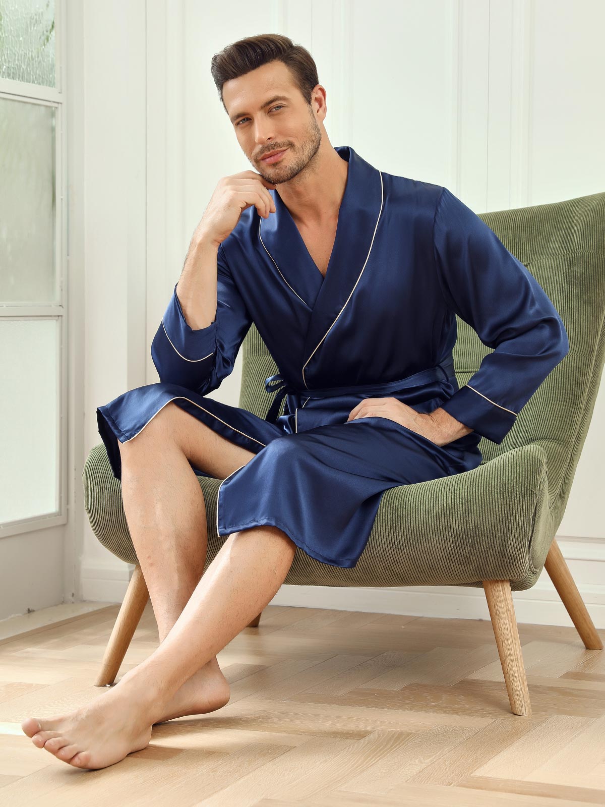 SilkSilky US Pure Silk Long Sleeve Lapel Men's Robe DarkBlue 001