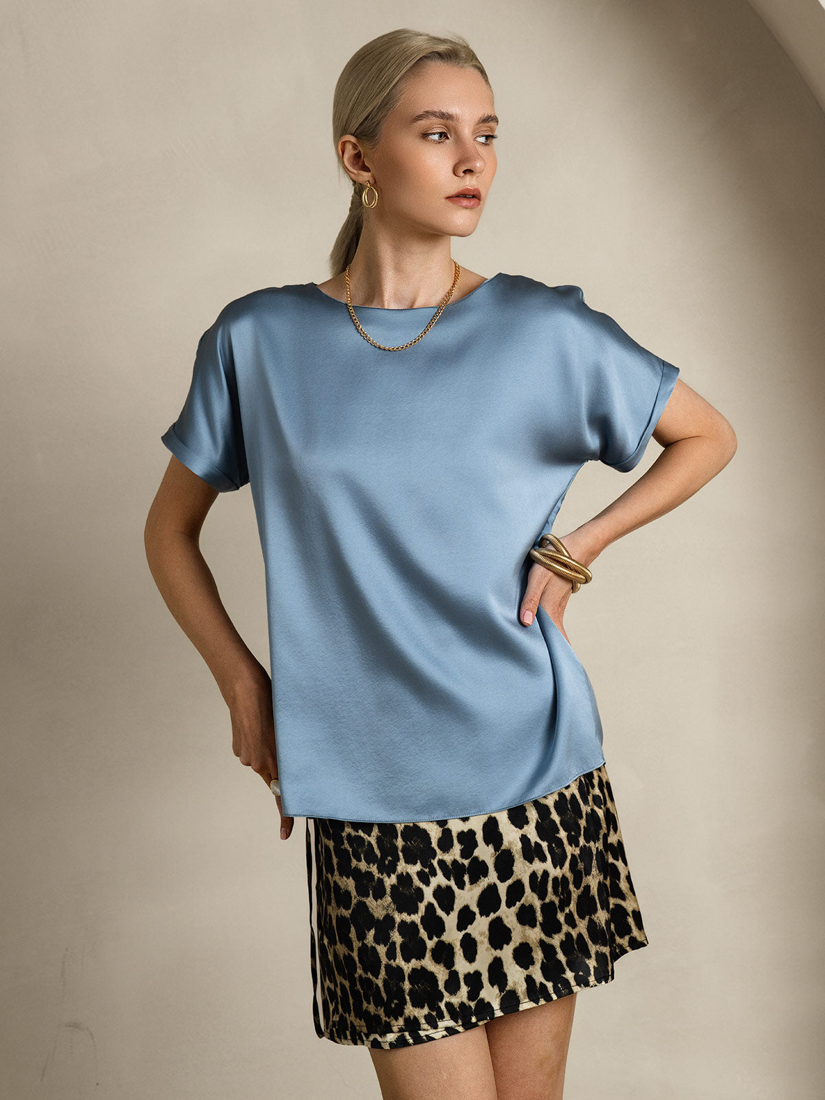 [Grayish Blue] SilkSilky  19Momme Silk Round Neck Women's T-Shirt 004