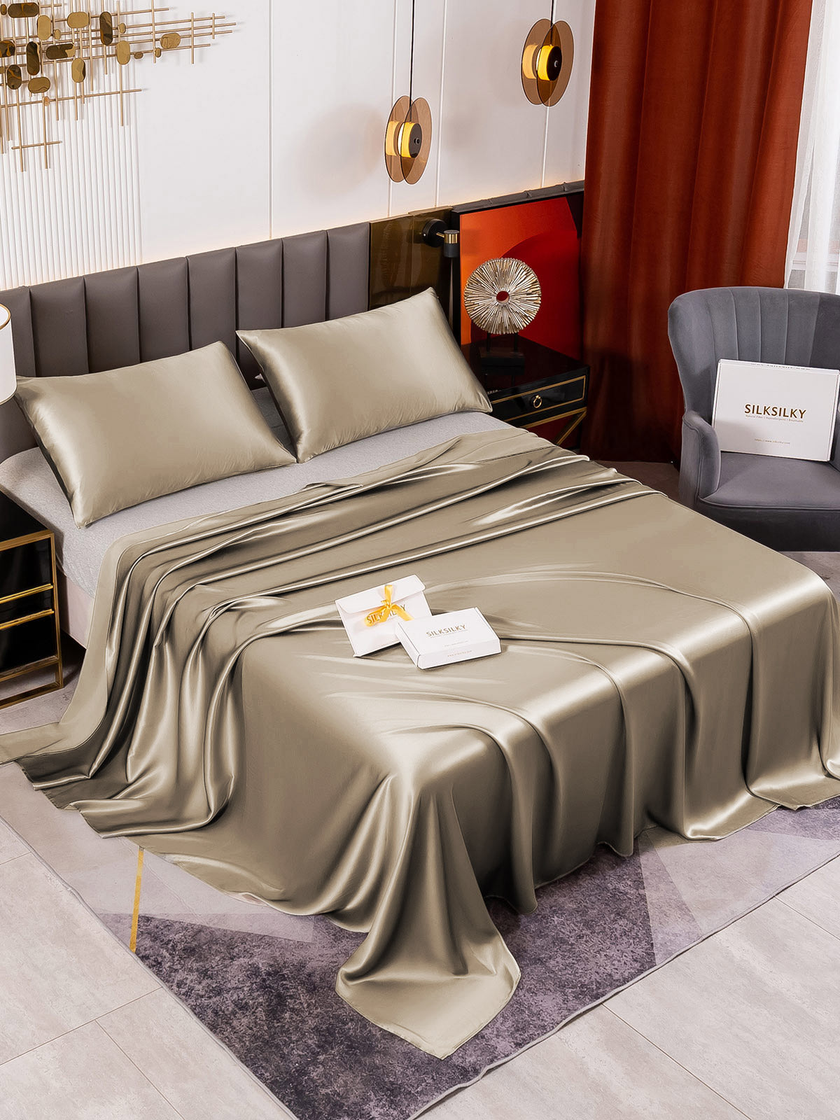 SilkSilky US 19Momme Pure Silk Bedding Set Khaki 001