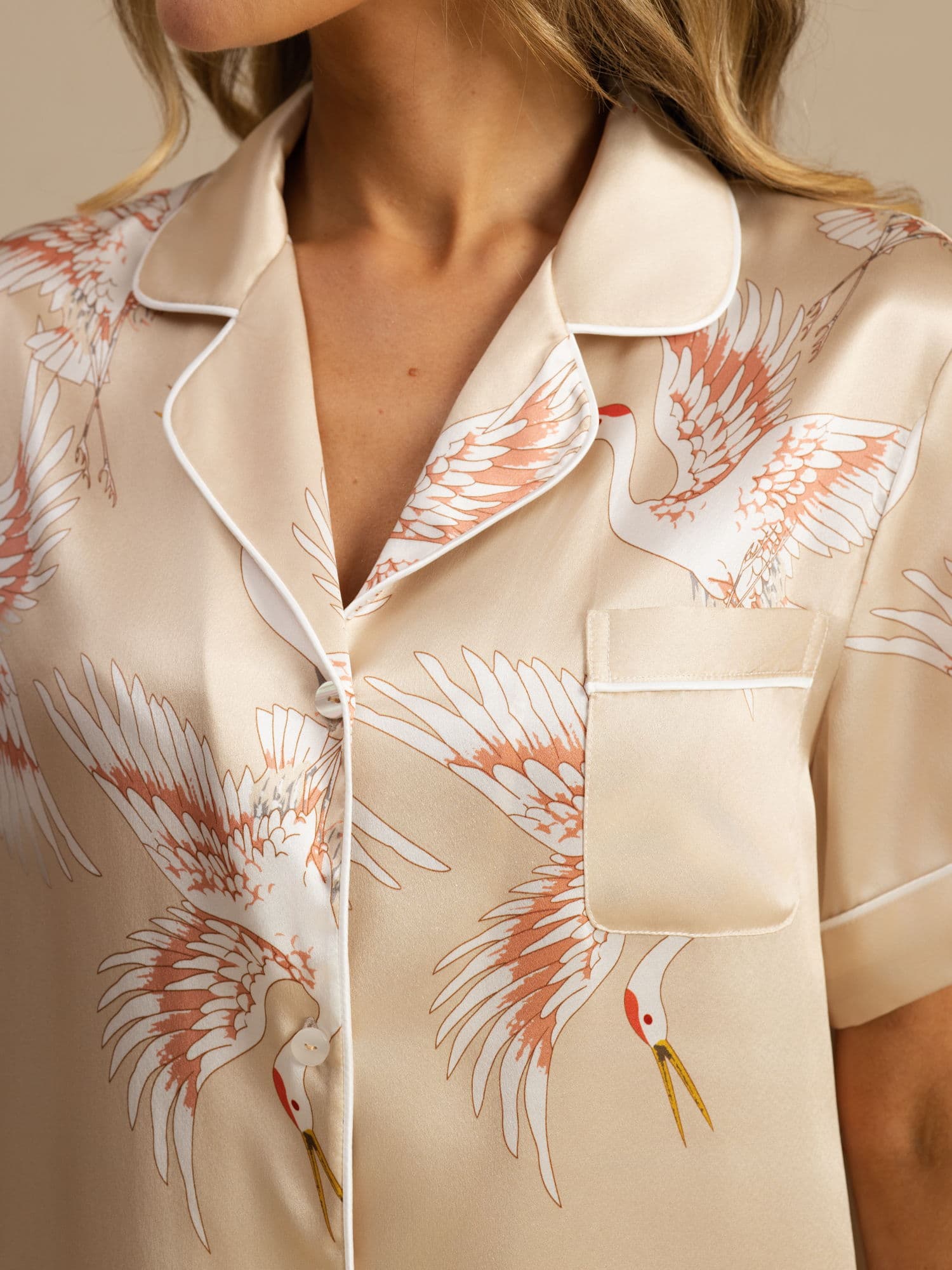 [Champagne] SilkSilky  19Momme Short Sleeve Notch Collar Women's Pajamas 005