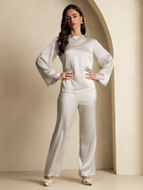 [Light Gray] SilkSilky  19Momme Stretch Silk Charmeuse Long Sleeve Boat Neck Blouse 008