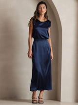 [Dark Blue] SilkSilky  19Momme Stretch Silk Charmeuse Skirt 006