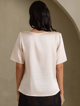 [Beige] SilkSilky  Short Sleeve Cowl Neck Women's Blouse 002
