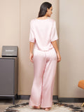 SilkSilky US Pure Silk Half Sleeve Round Neck Women's Pajamas Pink 002