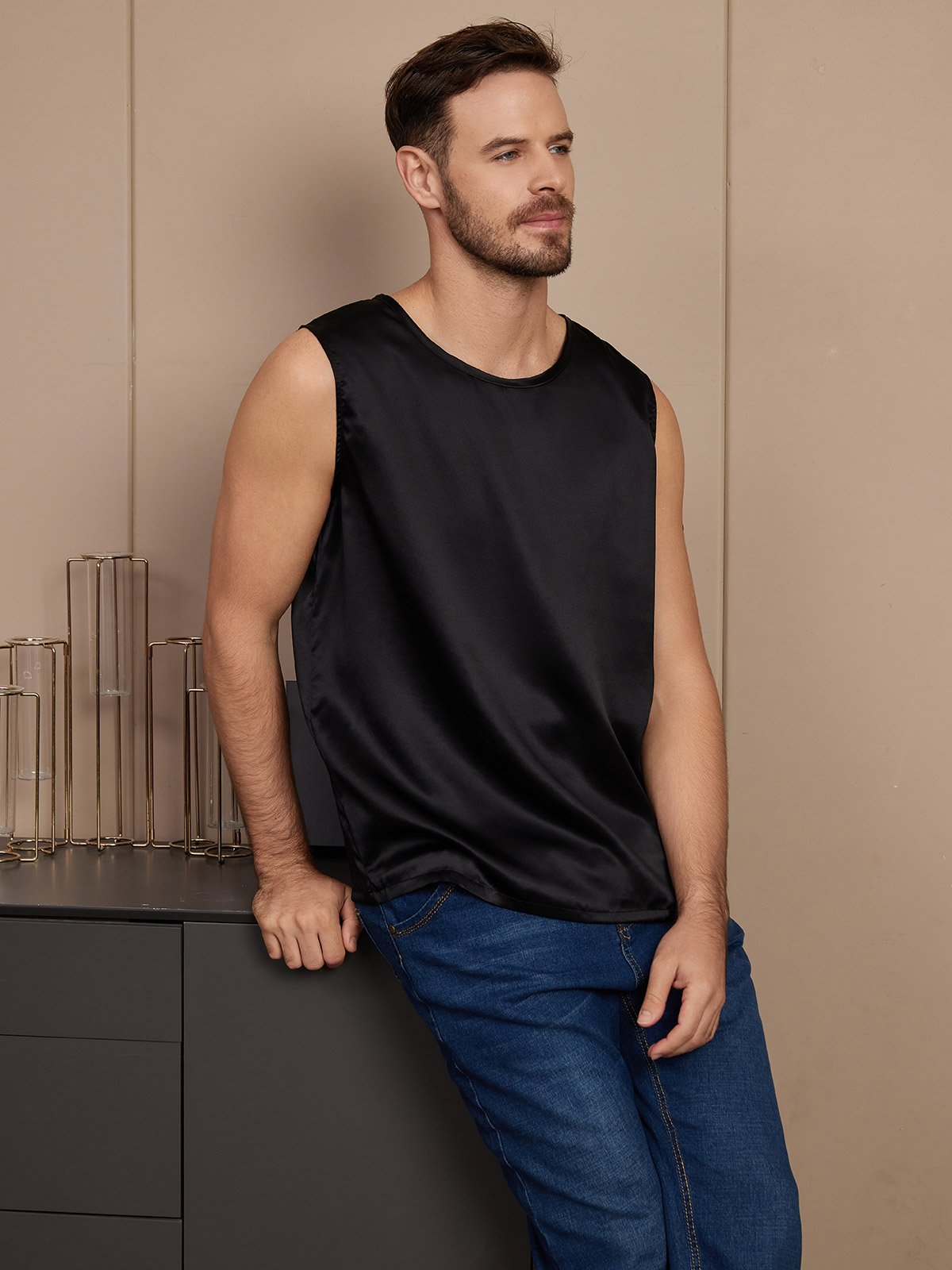 [Black] SilkSilky  Pure Silk Mens T-Shirt 004,