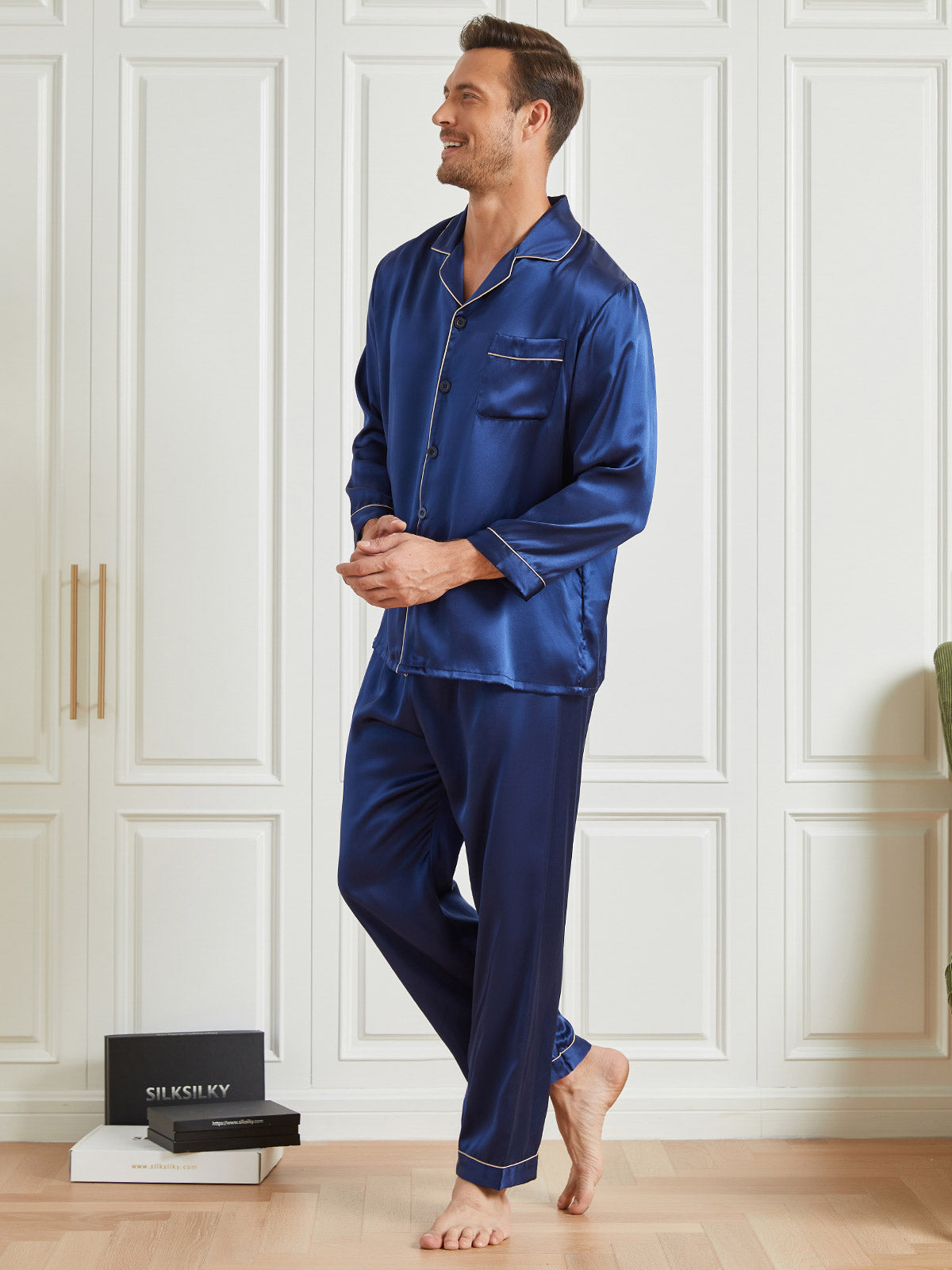 SilkSilky US 19Momme Pure Silk Long Sleeve Lapel Men's Pajamas DarkBlue 002