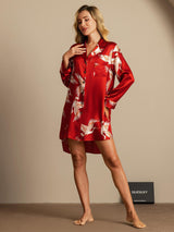 [Dark Red] SilkSilky  19Momme Long Sleeve Notch Collar Nightshirt 006