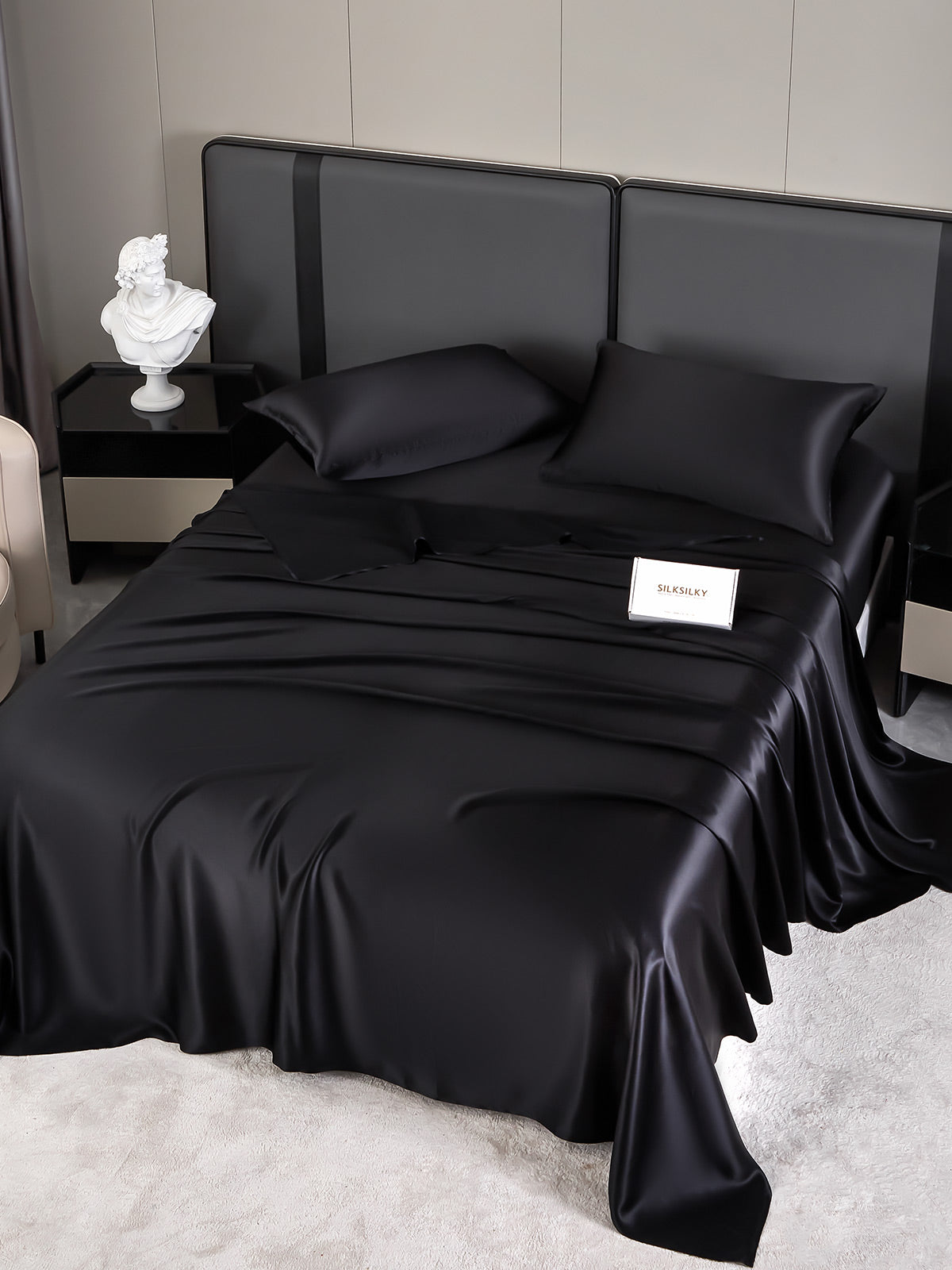 SilkSilky US 19Momme Pure Silk Bedding Set Black 001