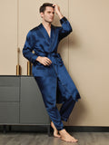 SilkSilky US Pure Silk Long Sleeve Lapel Men's Robe DarkBlue 005