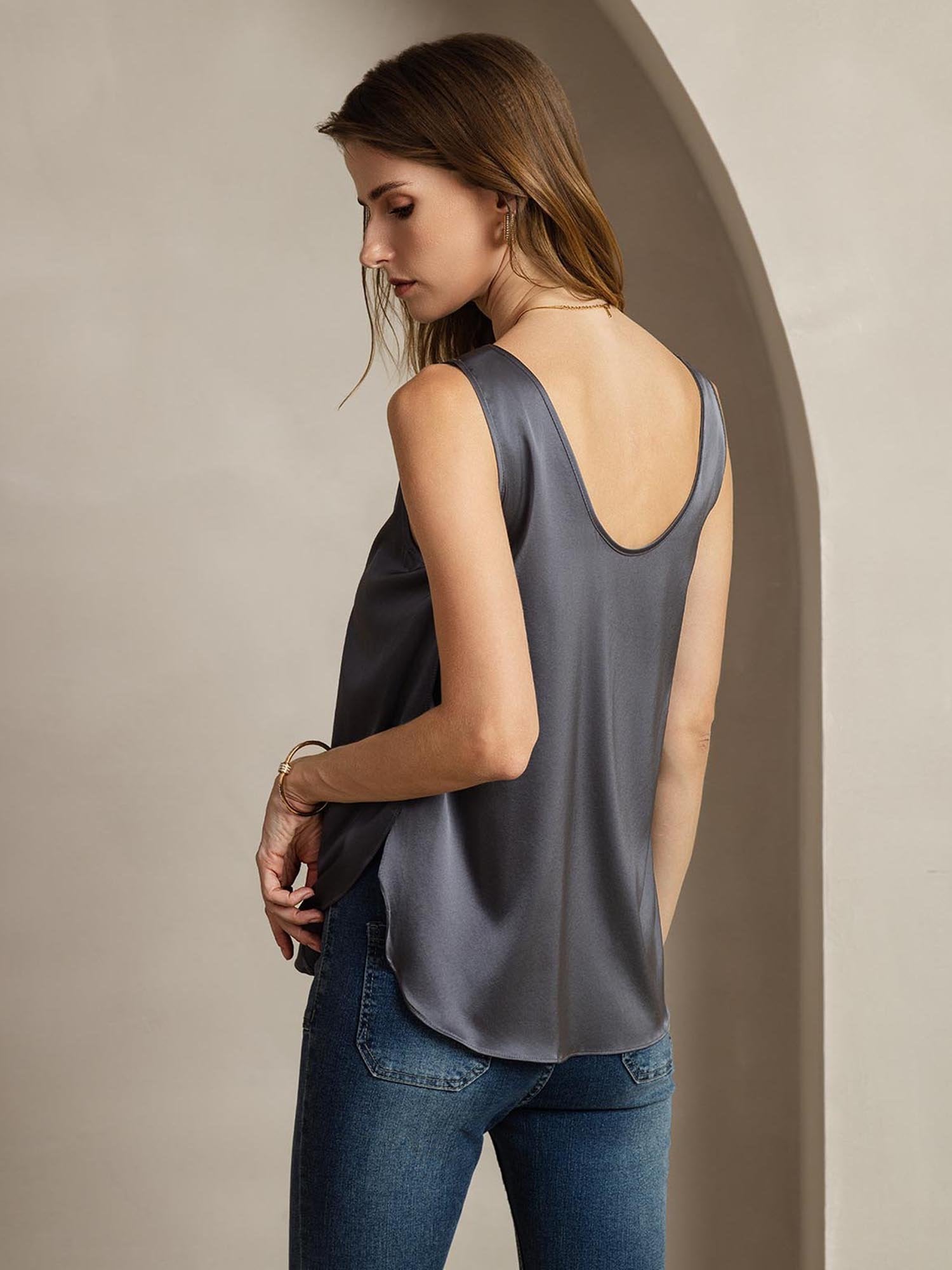 [DarkGray] SilkSilky 19Momme Silk U Neck Women's T-Shirt 003