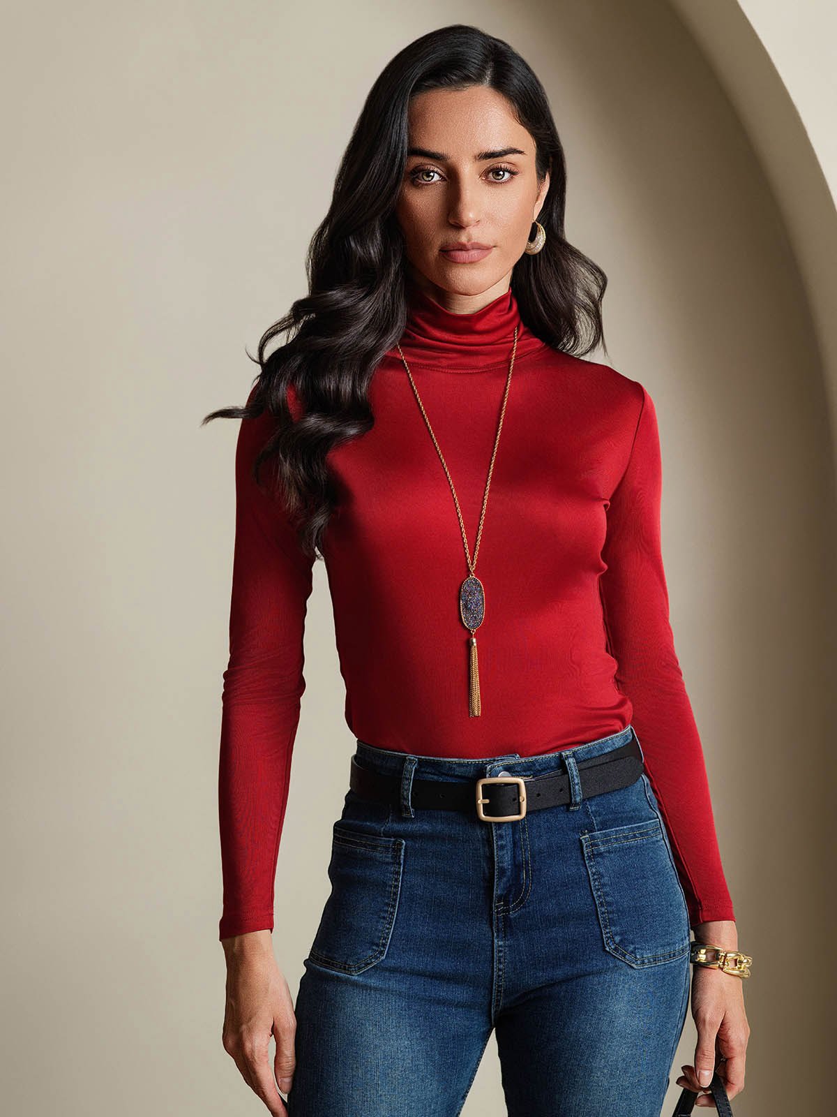 [Wine] SilkSilky  Silk Long Sleeve High Neck Women's T-Shirt 001