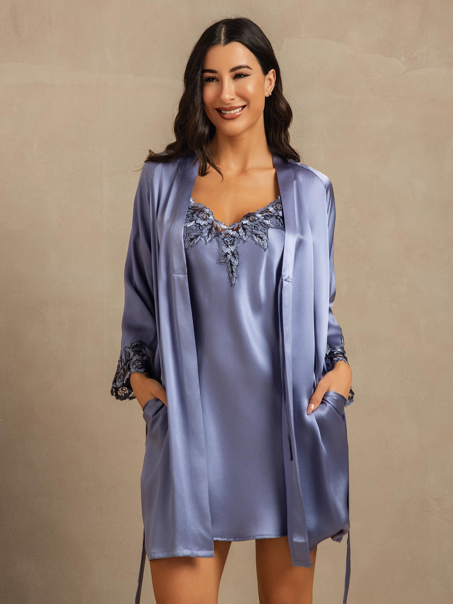 [Steel Blue] SilkSilky  Nightgown&Robe Set 007,