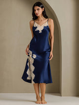 [Dark Blue] SilkSilky  Spaghetti Strap V Neck Nightgown 001