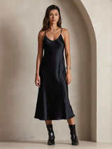 [Black] SilkSilky  Pure Silk Spaghetti Strap V Neck Dress 003
