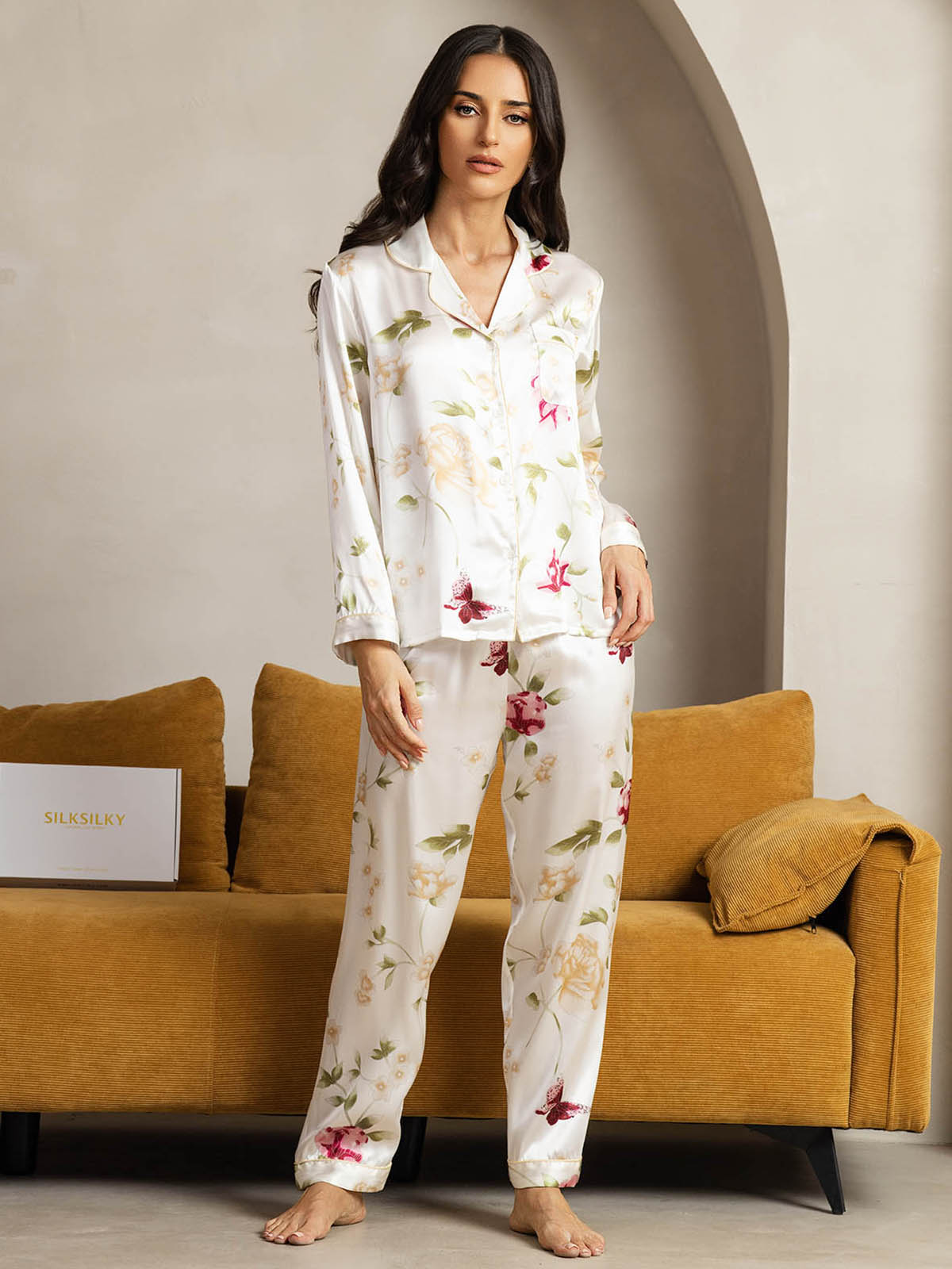 [Ivory Floral] SilkSilky  Pure Silk Womens Pajamas 003