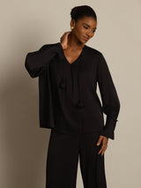 [Black] SilkSilky 19Momme Silk Long Sleeve V Neck Blouse 004