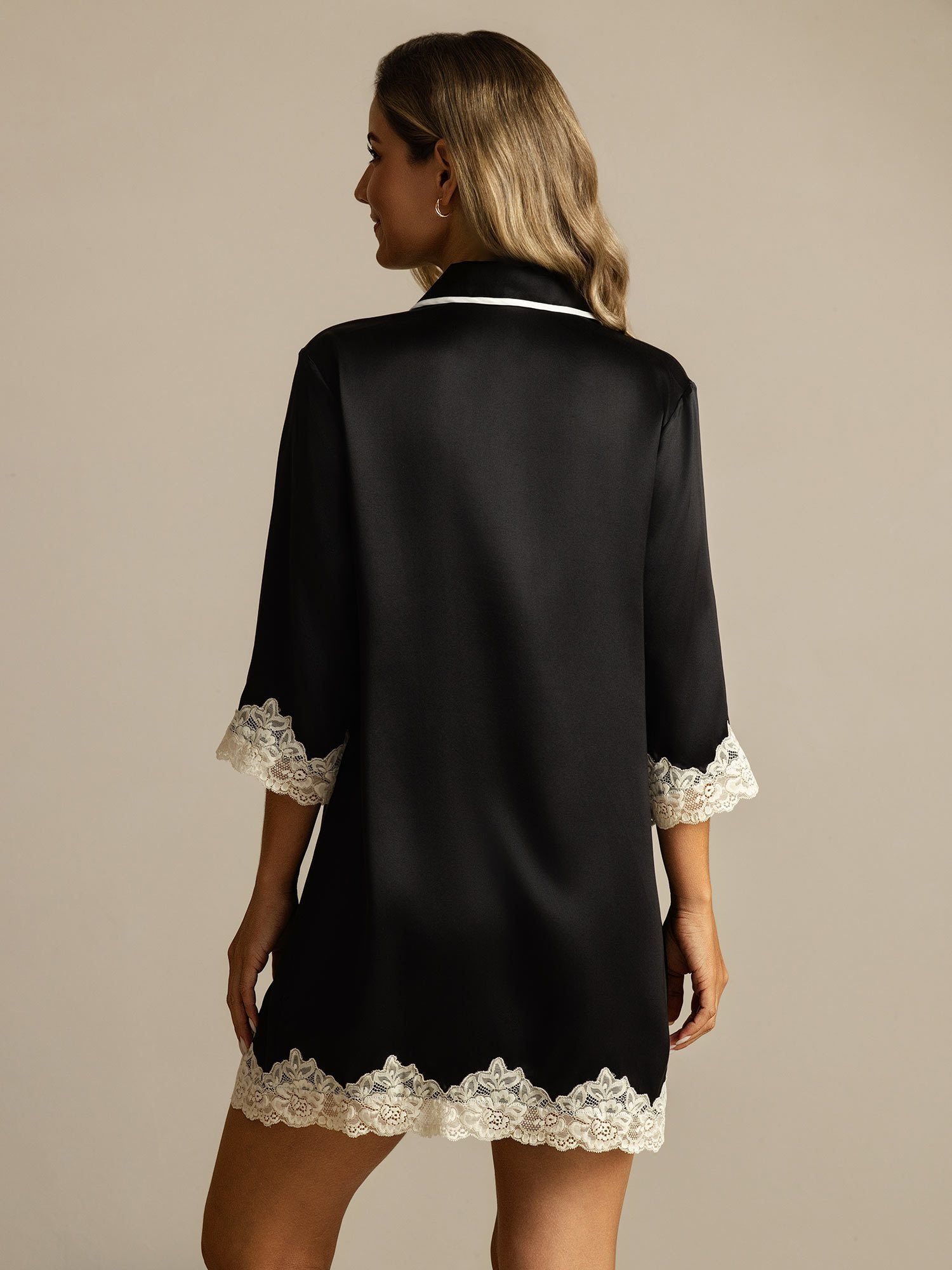 [Black] SilkSilky  Pure Silk Lapel Collar Nightshirt 002