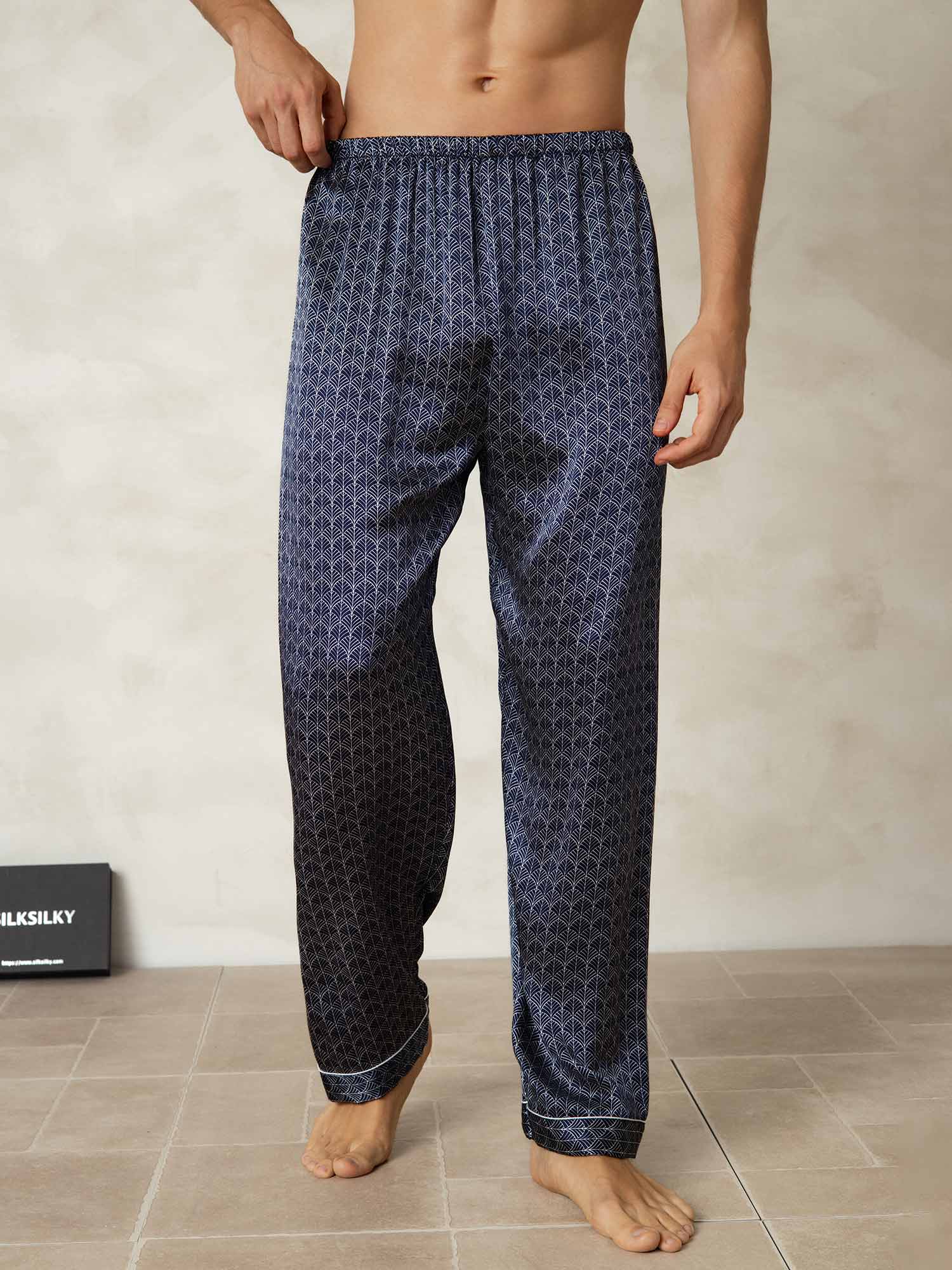 [Navy Ginkgo] SilkSilky  Pure Silk Mens Sleep Bottoms 001