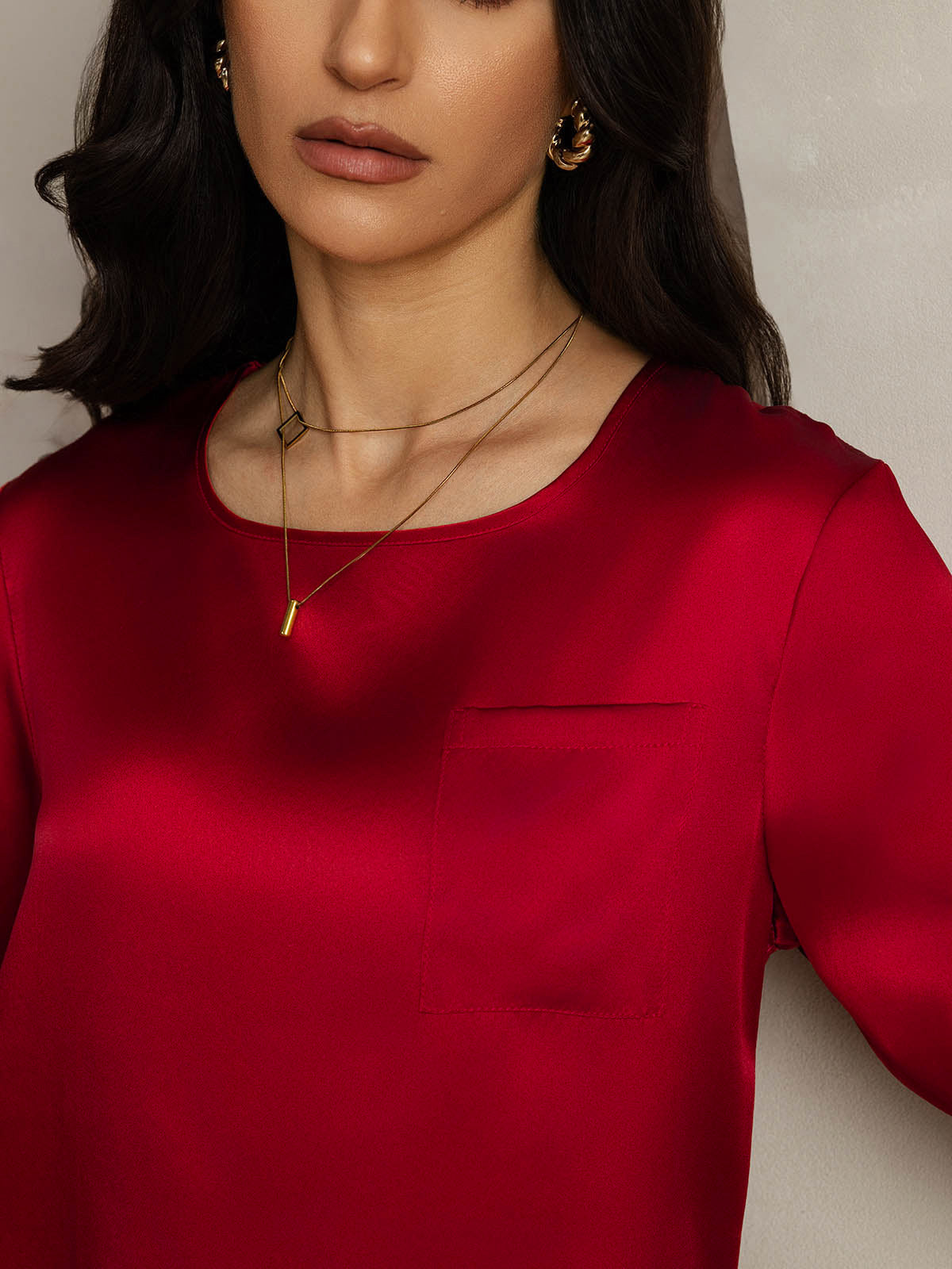 [Dark Red] SilkSilky  Pure Silk Boat Neck Women's T-Shirt 004